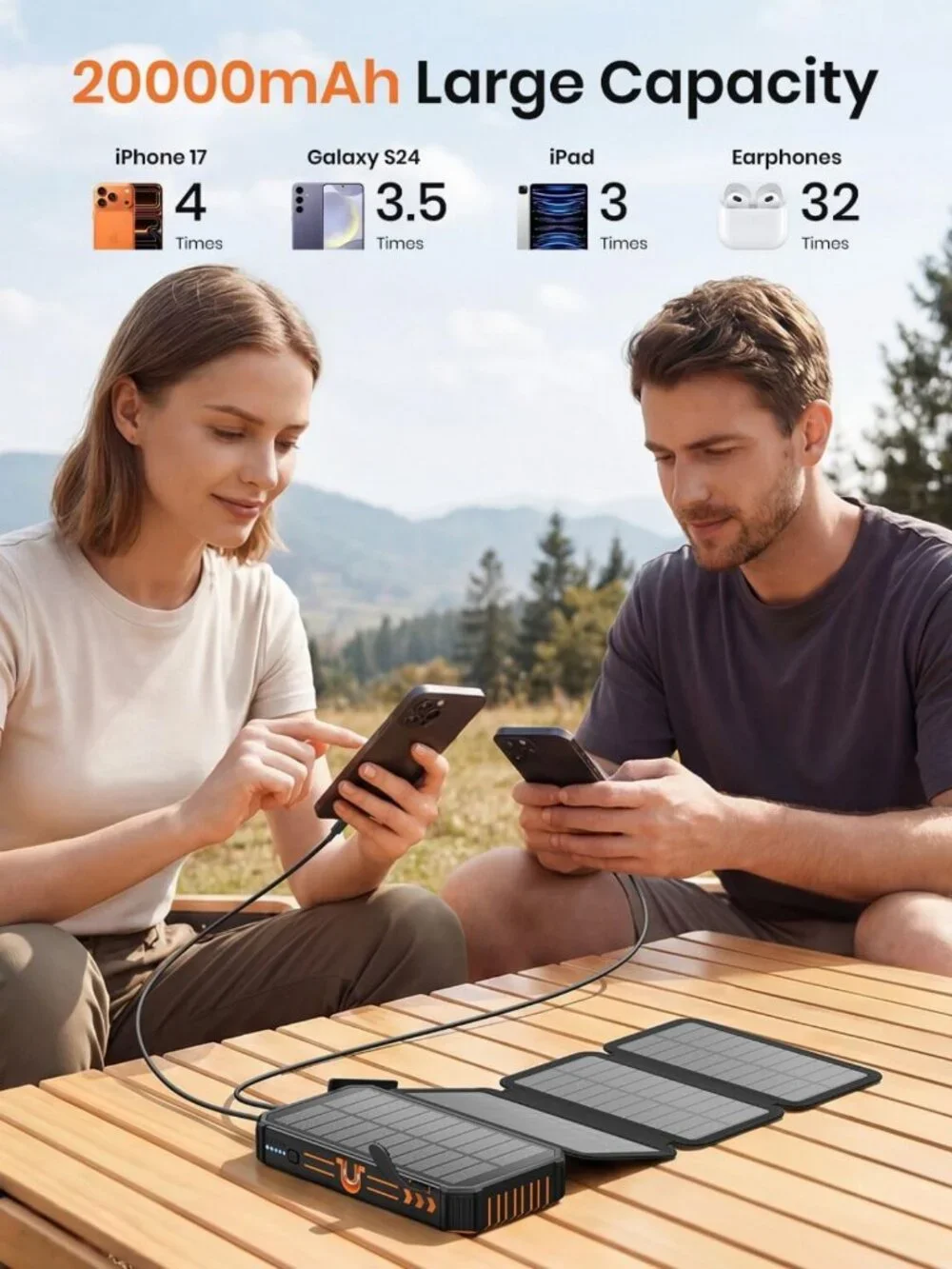 20000mAh Solar Power Bank with 4 Cables, Wireless Charging & 3 USB Ports - Fast